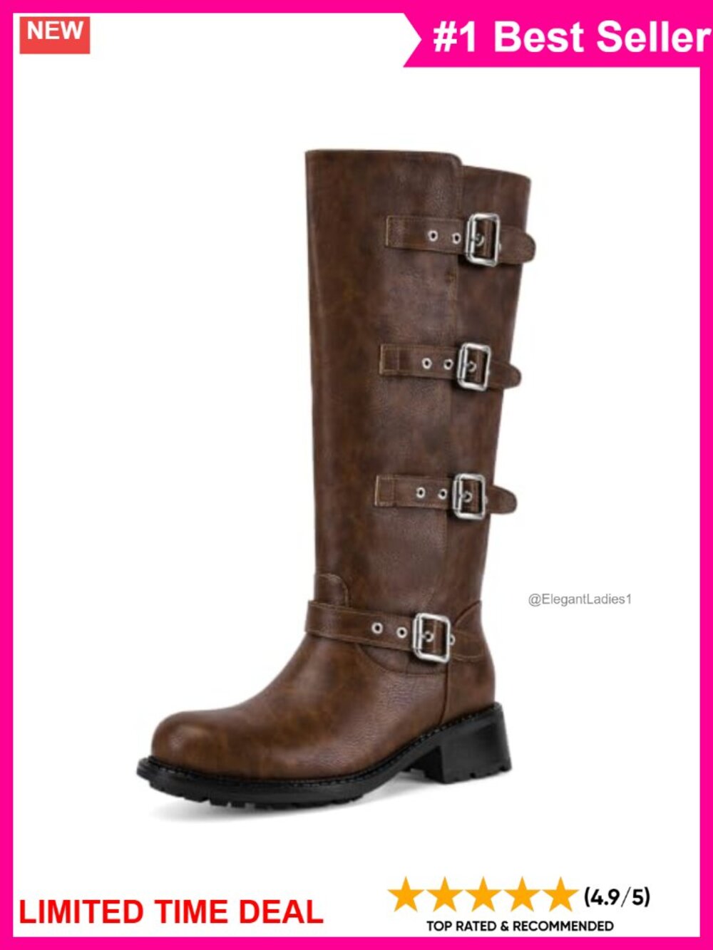 Faux Leather Knee High Moto Biker Boots Multi Buckle Riding Tall